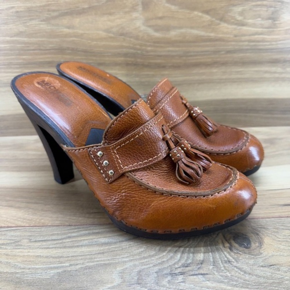 Michael Kors Womens Size 8.5 M‎ Heel Mules Brown Leather Tassel Studded